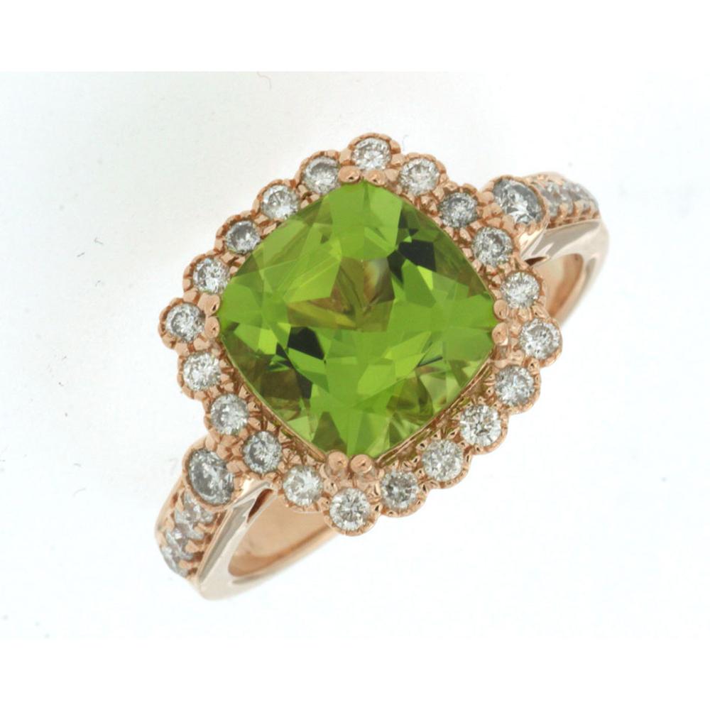 14K Rose Gold Peridot & Diamond Halo Ring - 3.10 Carats Peridot, 0.50 Carats Total Diamond Weight