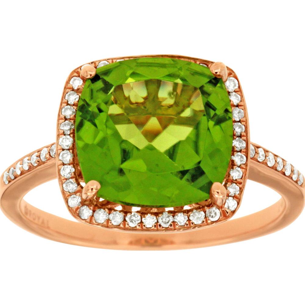 14K Rose Gold Peridot & Diamond Halo Ring - 4.20 Carats Peridot, 0.20 Carats Diamond Total Weight