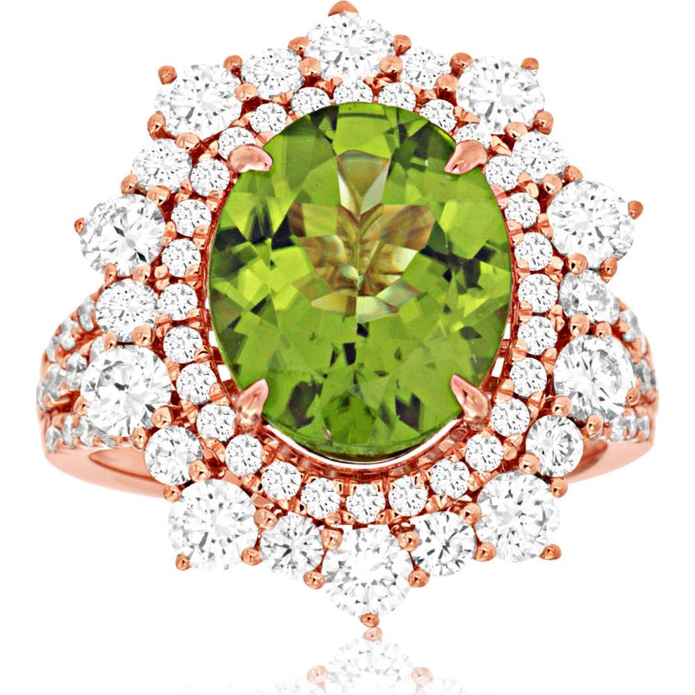 14K Rose Gold Peridot & Diamond Halo Ring - 4.85 Carats Peridot & 2.00 Carats Total Diamond Weight