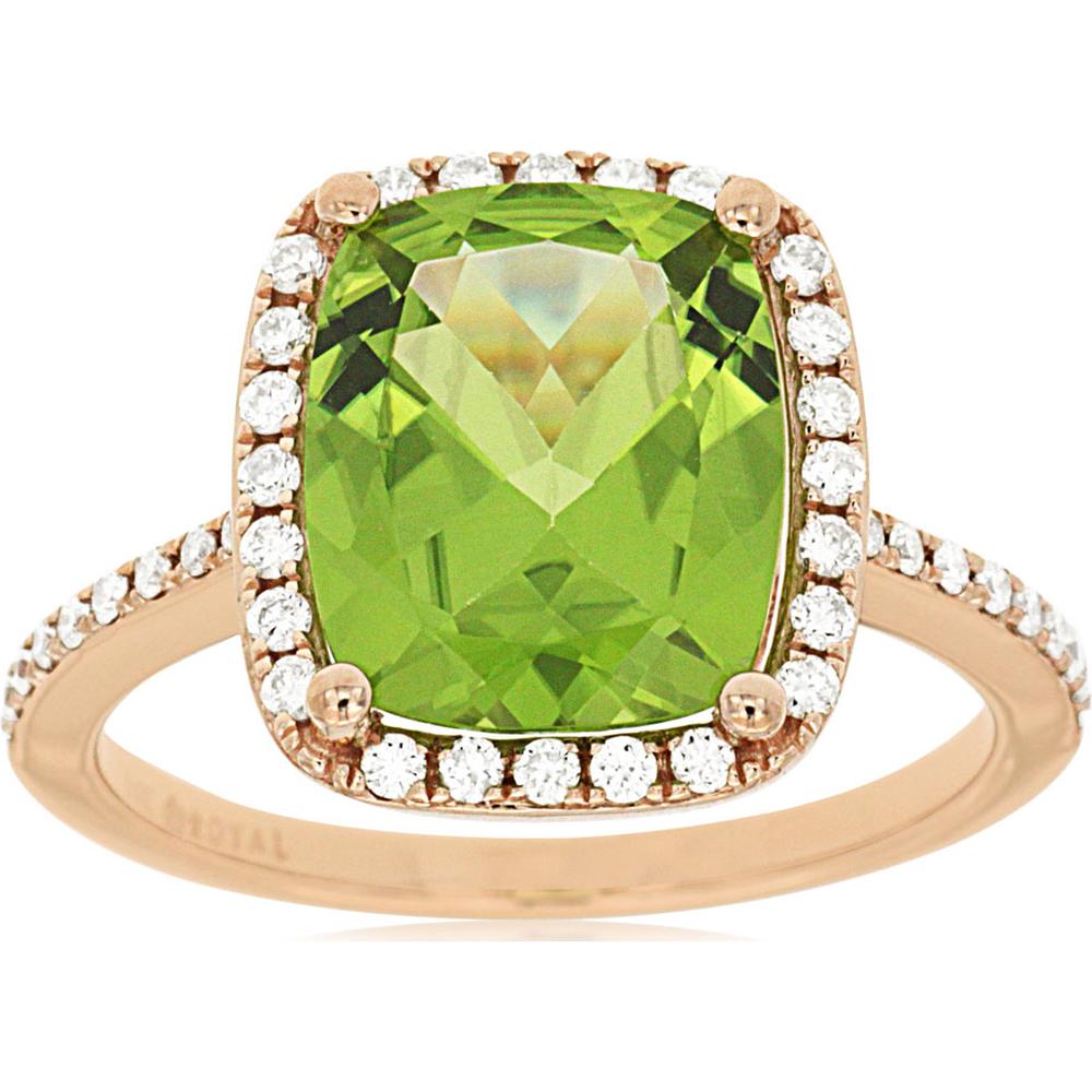 14K Rose Gold Peridot & Diamond Halo Ring with 4.25 Carats Peridot and 0.30 Carats Total Diamond Weight