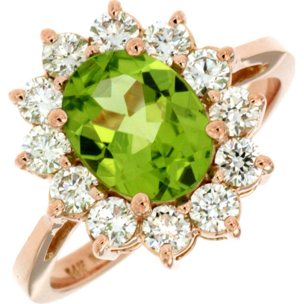 14K Rose Gold Peridot & Diamond Halo Ring with Oval Peridot - 1.85 Carats Peridot, 1.00 Carats Total Diamond Weight