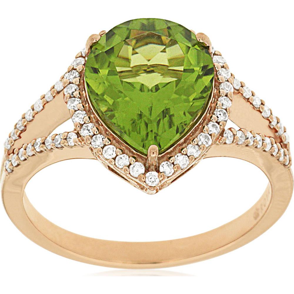 14K Rose Gold Peridot and Diamond Pear-Shaped Ring - 3.60 Carats Total Gemstone Weight