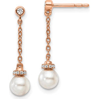 14K Rose Gold Polished 1/10 Carat Diamond & Freshwater Pearl Dangle Earrings - 1/2 Carats Total Diamond Weight by Monteluci Fine Jewelry