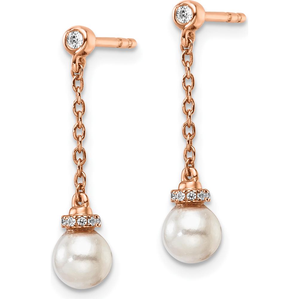 14K Rose Gold Polished 1/10 Carat Diamond & Freshwater Pearl Dangle Earrings - 1/2 Carats Total Diamond Weight by Monteluci Fine Jewelry