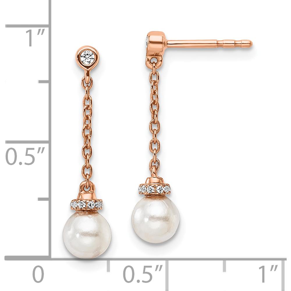 14K Rose Gold Polished 1/10 Carat Diamond & Freshwater Pearl Dangle Earrings - 1/2 Carats Total Diamond Weight by Monteluci Fine Jewelry