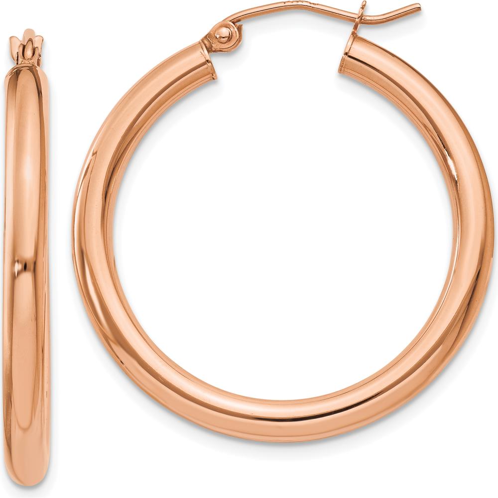 14K Rose Gold Polished 3mm Lightweight Tube Hoop Earrings - 30mm Length by 0