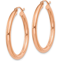 14K Rose Gold Polished 3mm Lightweight Tube Hoop Earrings - 30mm Length by 0