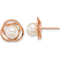 14K Rose Gold Polished 6-7mm Round White South Sea Saltwater Cultured Pearl Love Knot Post Earrings by Monteluci Fine Jewelry