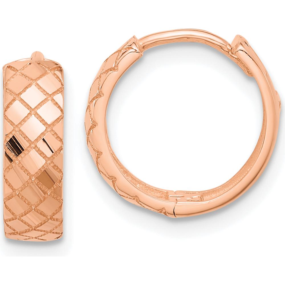 14K Rose Gold Polished and Etched Hinged Hoop Earrings - 13mm Length by 0