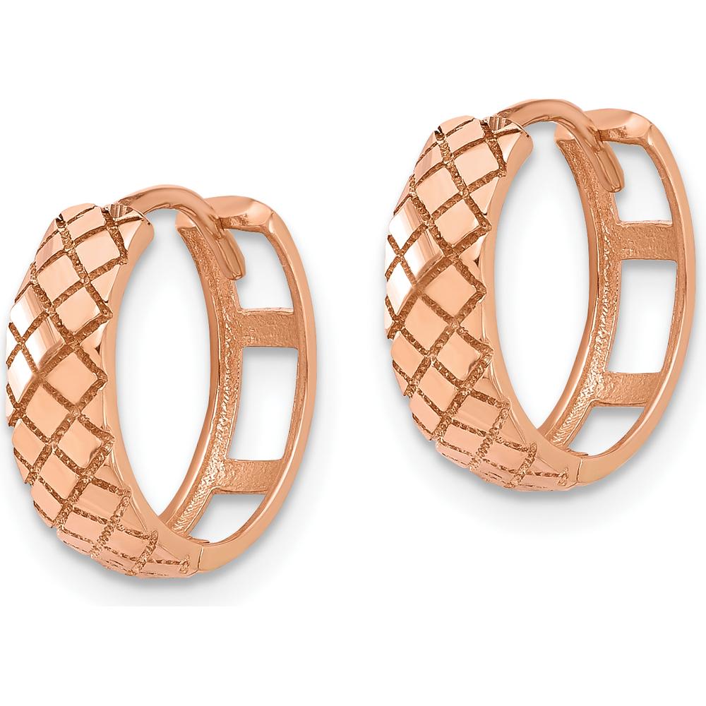 14K Rose Gold Polished and Etched Hinged Hoop Earrings - 13mm Length by 0
