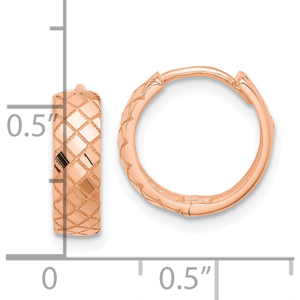 14K Rose Gold Polished and Etched Hinged Hoop Earrings - 13mm Length by 0