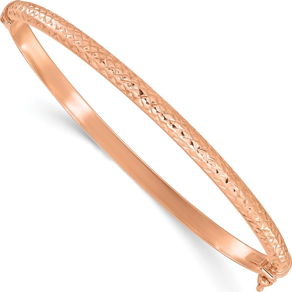 14K Rose Gold Polished Diamond-Cut Hinged Oval Bangle Bracelet - 4mm Width by Oro Pregiato