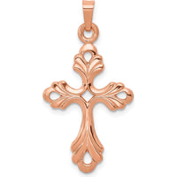14K Rose Gold Polished Fleur De Lis Cross Pendant - 33mm Length by Oro Pregiato