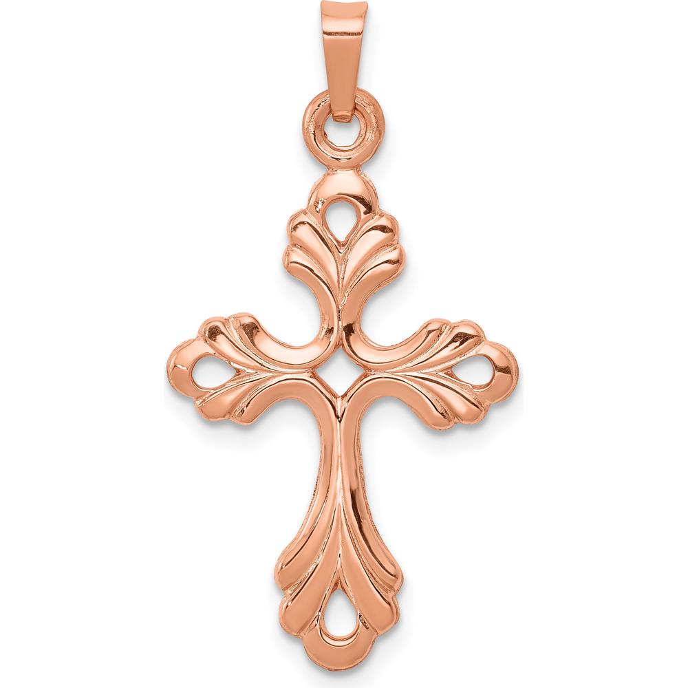 14K Rose Gold Polished Fleur De Lis Cross Pendant - 33mm Length by Oro Pregiato