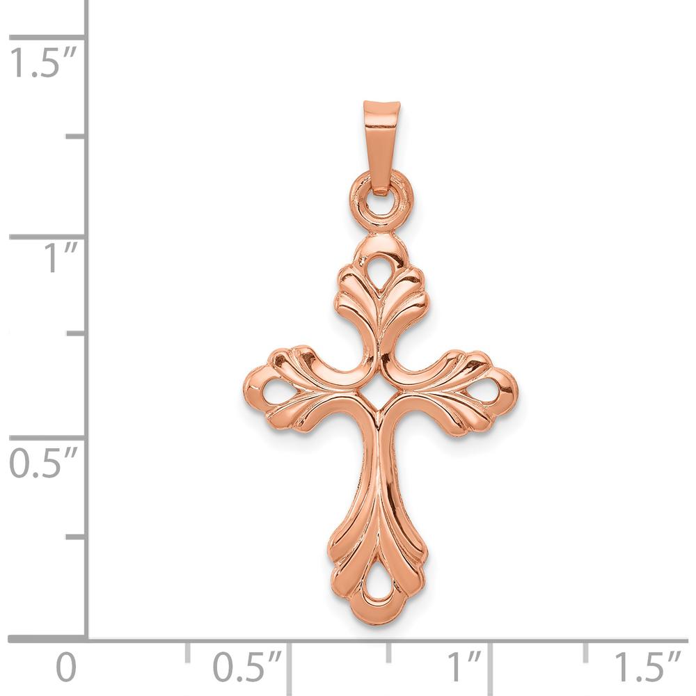 14K Rose Gold Polished Fleur De Lis Cross Pendant - 33mm Length by Oro Pregiato