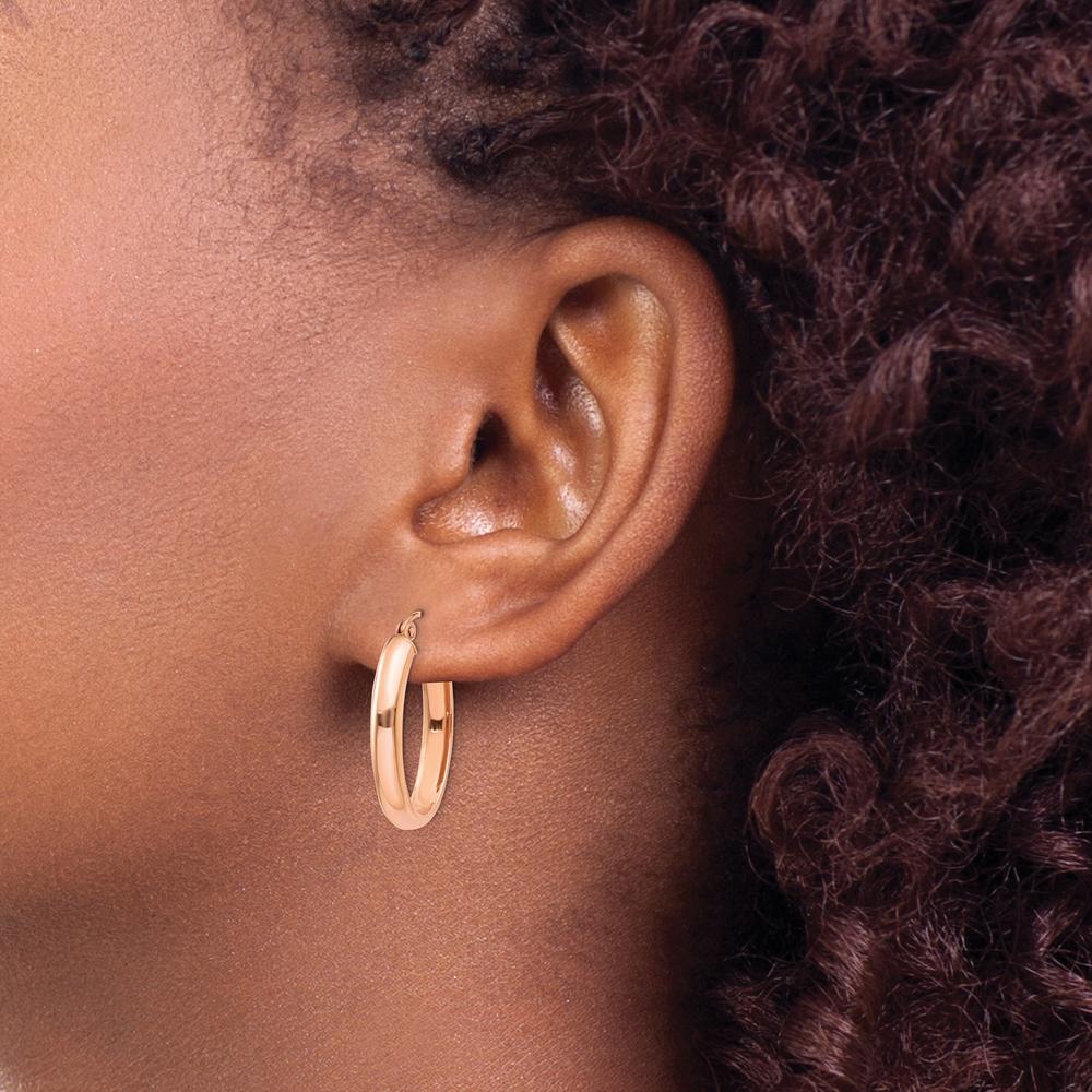 14K Rose Gold Polished Half-Round Oval Hoop Earrings - 26mm Length, 4mm Width by 0