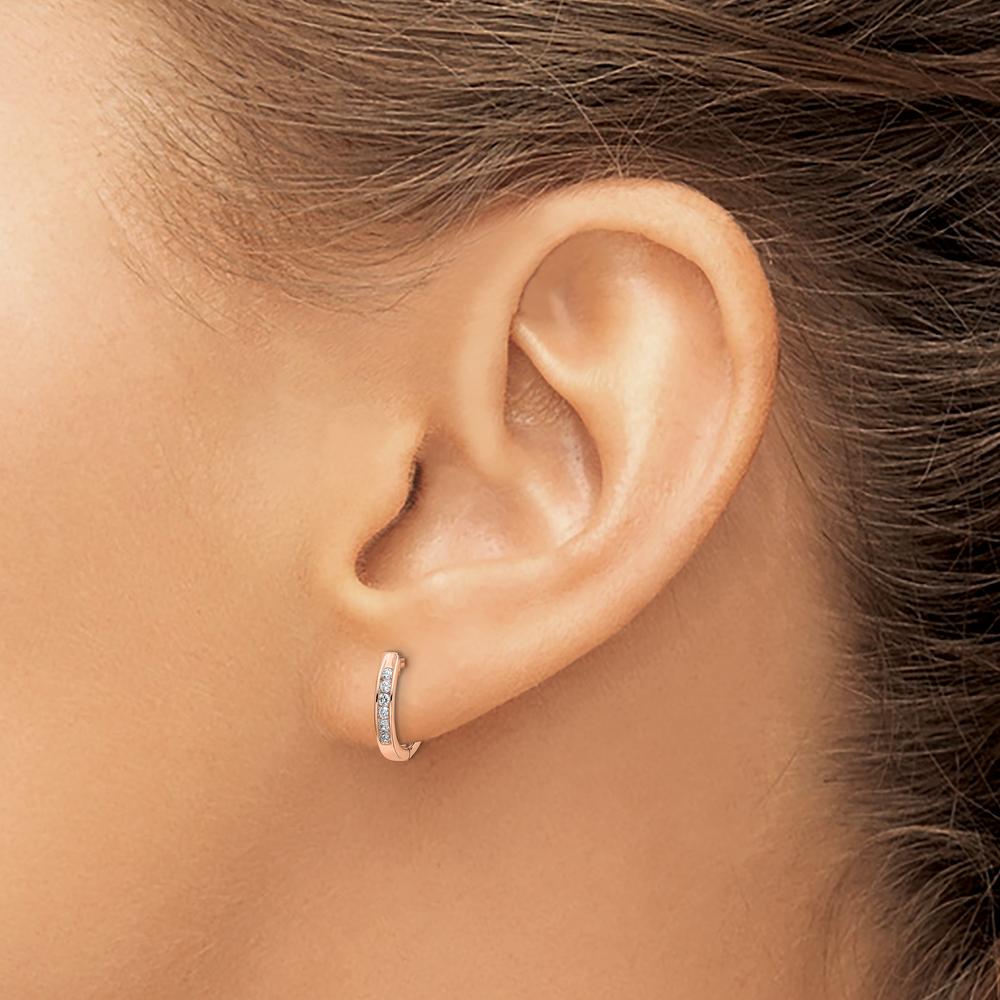 14K Rose Gold Polished Huggie Hoop Earrings with 12 Round Diamonds - 0.01 Carat Total Diamond Weight by Monteluci Fine Jewelry