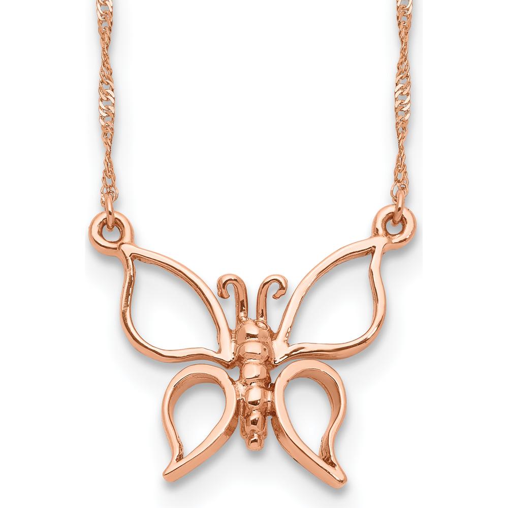 14K Rose Gold Polished Open Butterfly Necklace - 17" Singapore Chain by 0