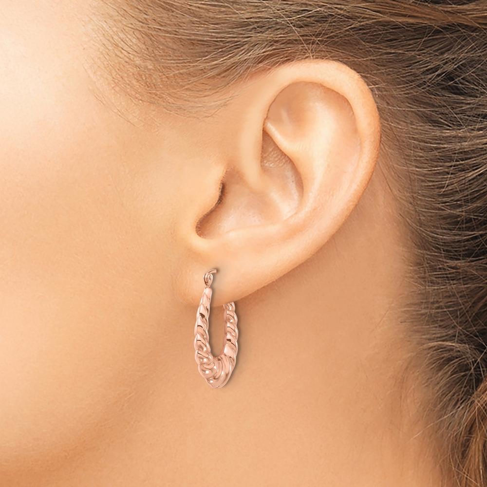 14K Rose Gold Polished Twisted Hollow Hoop Earrings - 24.75mm Length, 18.35mm Width by 0