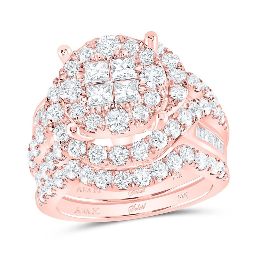 14K Rose Gold Princess Diamond Bridal Ring Set - 3 Carat Total Diamond Weight