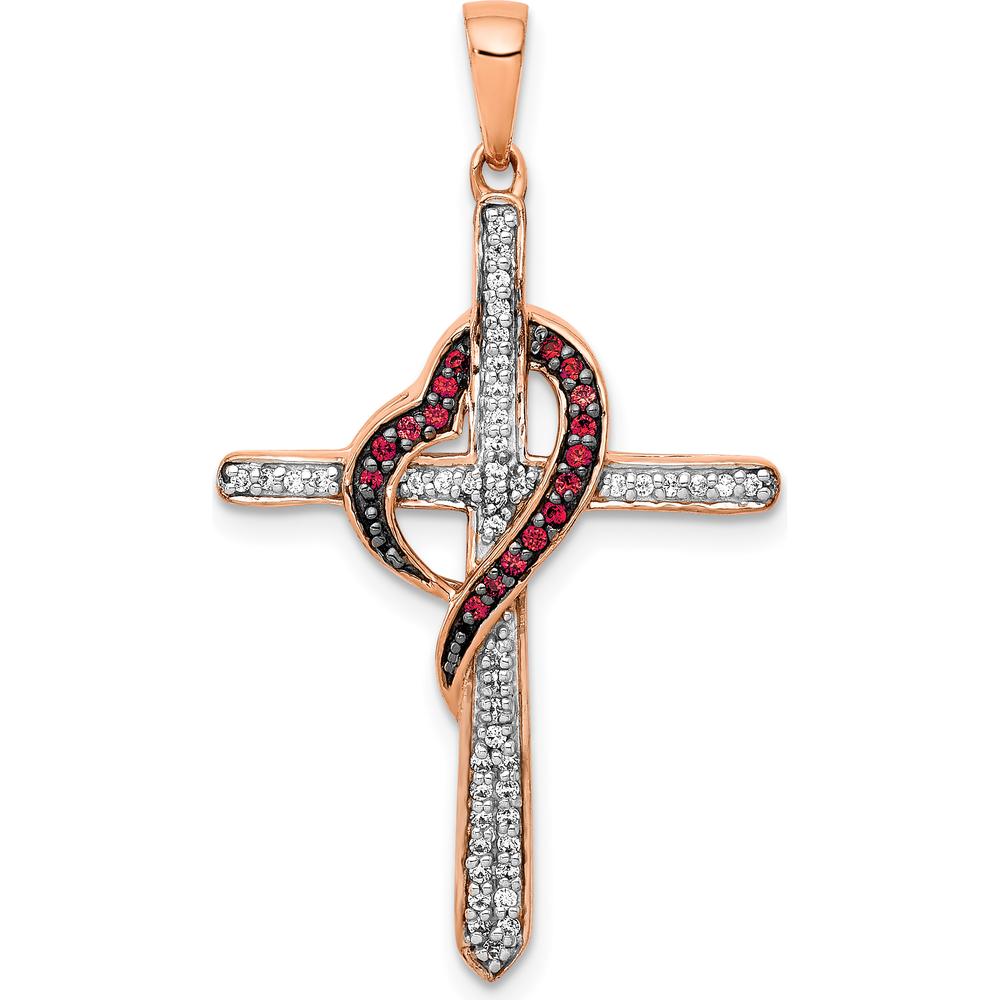 14K Rose Gold Red and White Diamond Cross with Heart Pendant - 1/4 Carat Total Diamond Weight by Monteluci Fine Jewelry