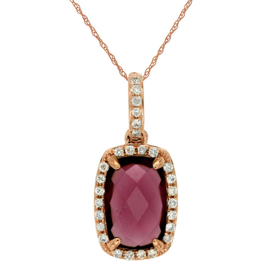 14K Rose Gold Rhodolite & Diamond Halo Pendant Necklace with Cushion Cut Rhodolite - 1.96 Carats Total Gem Weight