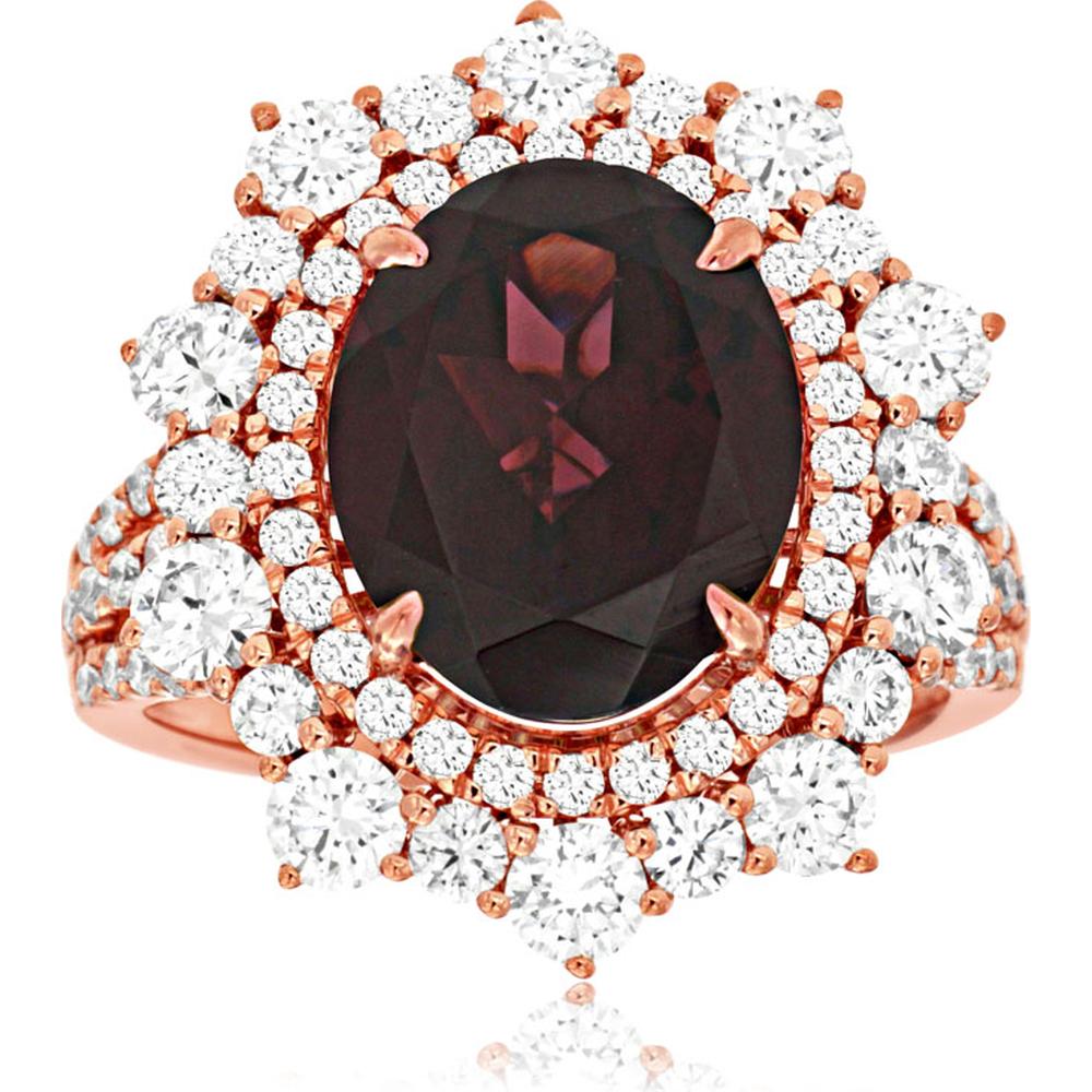 14K Rose Gold Rhodolite & Diamond Halo Ring - 7.20 Carats Total Weight