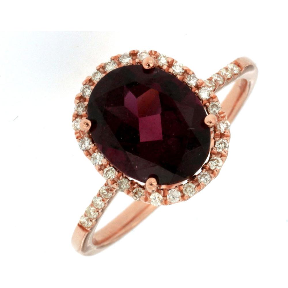 14K Rose Gold Rhodolite & Diamond Halo Ring with Oval Rhodolite - 3.21 Carats Total Gem Weight