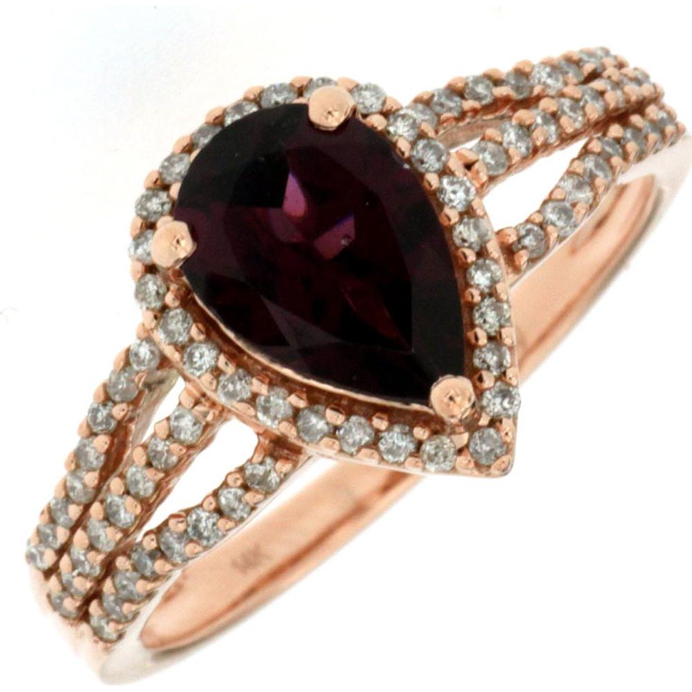 14K Rose Gold Rhodolite & Diamond Pear Shape Ring - 1.70 Carats Total Gemstone Weight