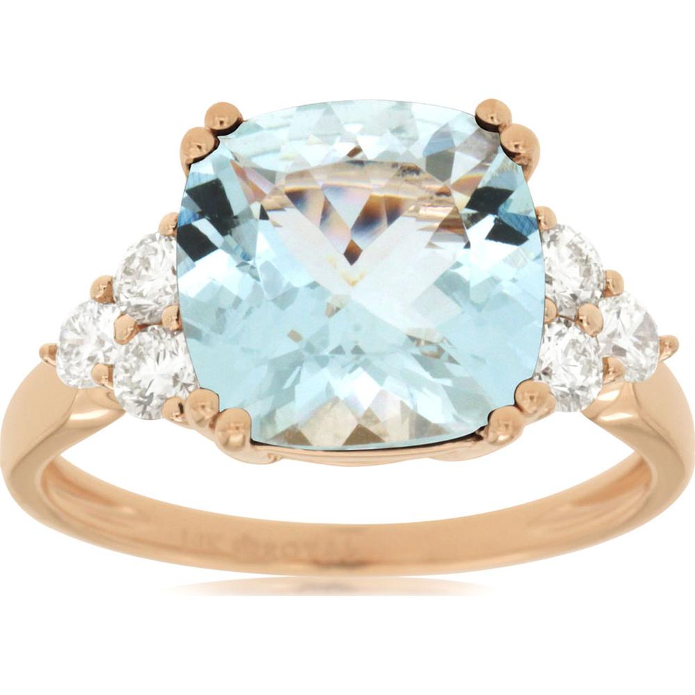14K Rose Gold Ring with Cushion Cut Aquamarine and Round Diamond Accents - 3.50 Carat Aquamarine & 0.45 Carat Total Diamond Weight - Royal Jewelry