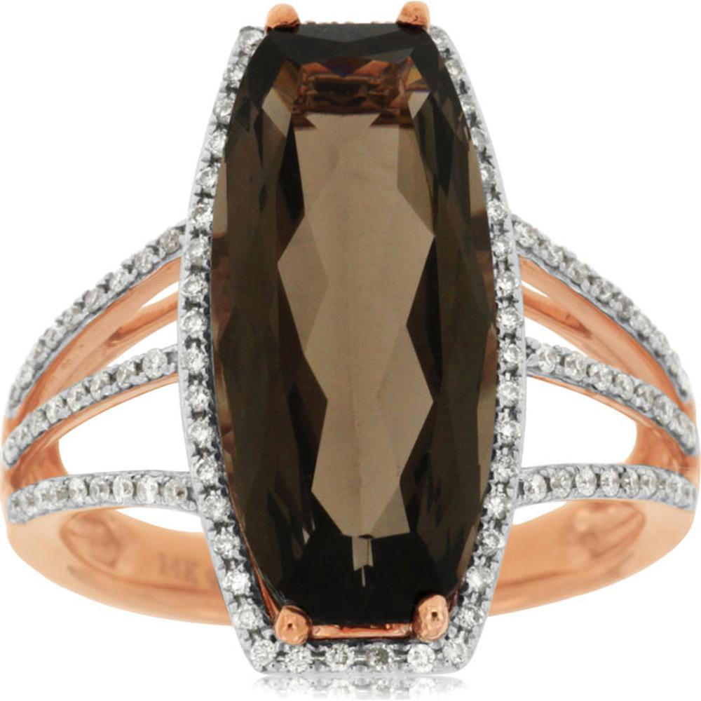 14K Rose Gold Ring with Elongated Special Cut Smoky Quartz and Diamond Halo - 6.20 Carat Smoky Quartz & 0.31 Carat Total Diamond Weight - Royal Jewelry