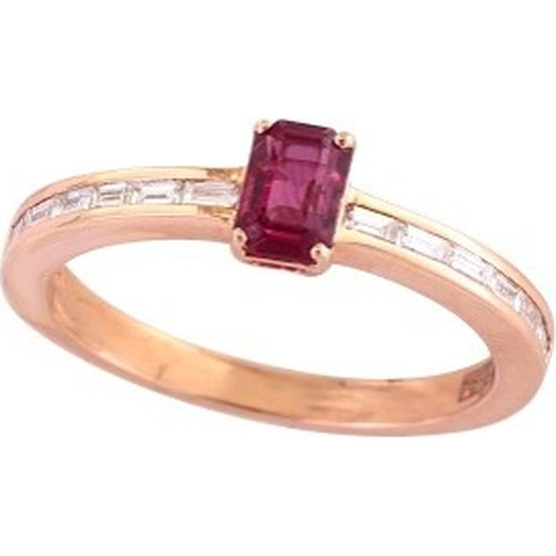 14K Rose Gold Ring with Emerald Cut Ruby and Channel Set Diamonds - 0.62 Carat Ruby, 0.24 Carat Diamond Total Weight