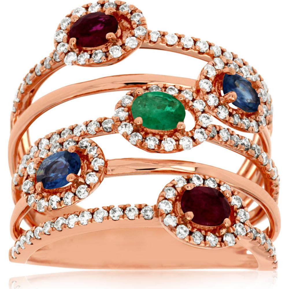 14K Rose Gold Ring with Oval Ruby, Sapphire, Emerald and Diamond Halo - 1.70 Carats Total Gemstone Weight