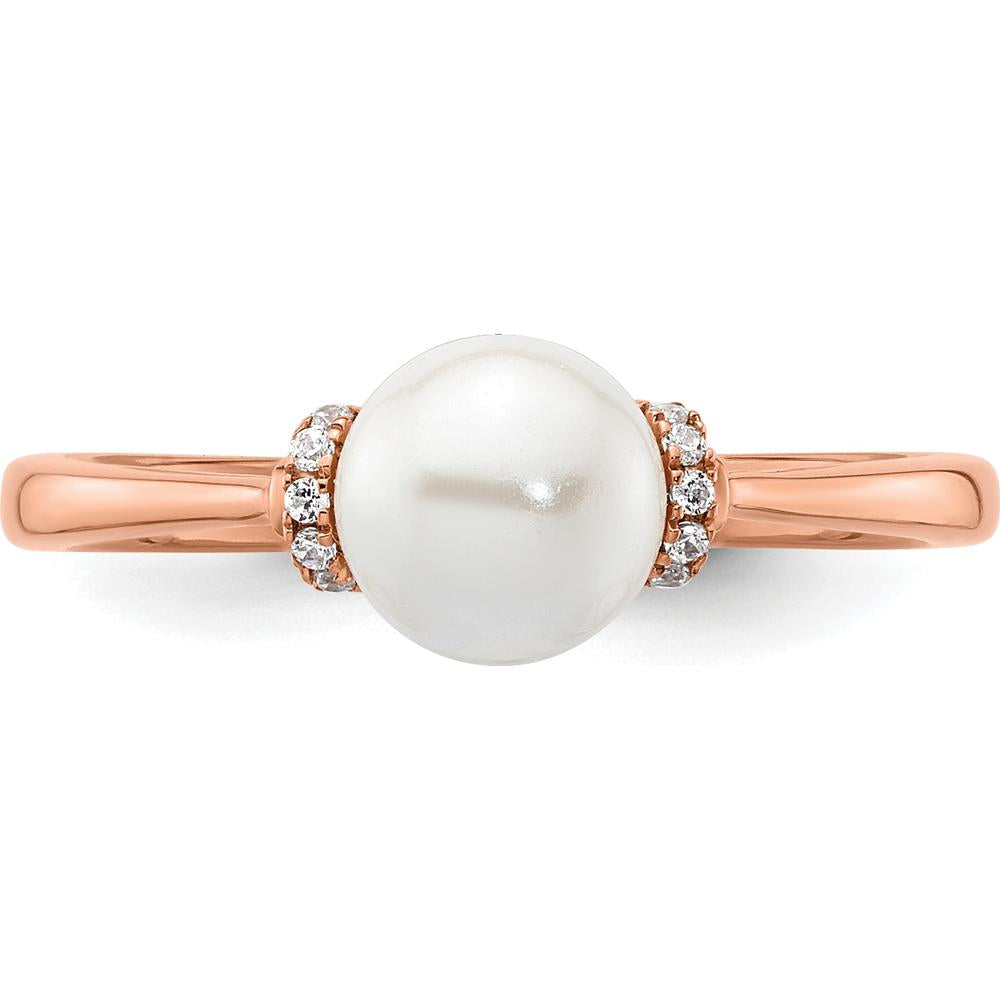 14K Rose Gold Ring with Round White Freshwater Cultured Pearl and 0.07 Carat Diamond Accents by 0