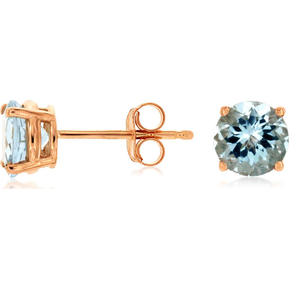14K Rose Gold Round Aquamarine Stud Earrings with Secure Friction Backs - 1.55 Carat Total Gem Weight - Royal Jewelry