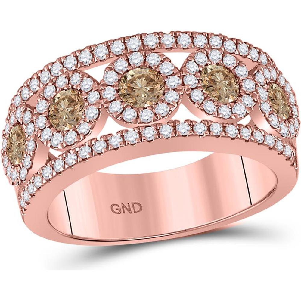 14K Rose Gold Round Brown Diamond Band Ring with Pave-Set White Diamonds - 1.38 Carat Total Diamond Weight