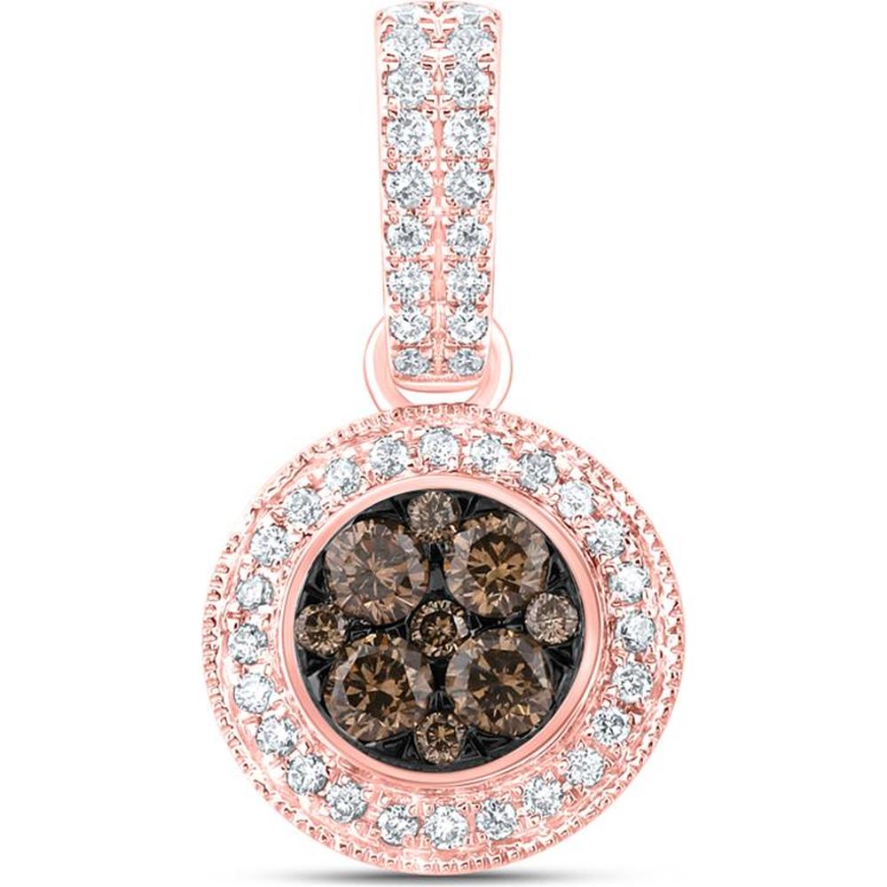 14K Rose Gold Round Brown Diamond Cluster Pendant with Pavé-Set White Diamond Halo - 1.00 Carat Total Diamond Weight