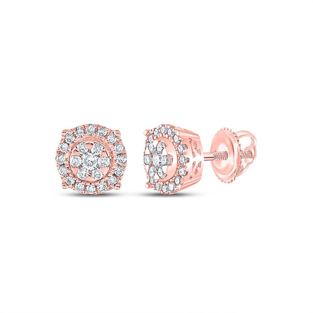 14K Rose Gold Round Diamond Halo Cluster Earrings - 1/4 Carat Total Diamond Weight