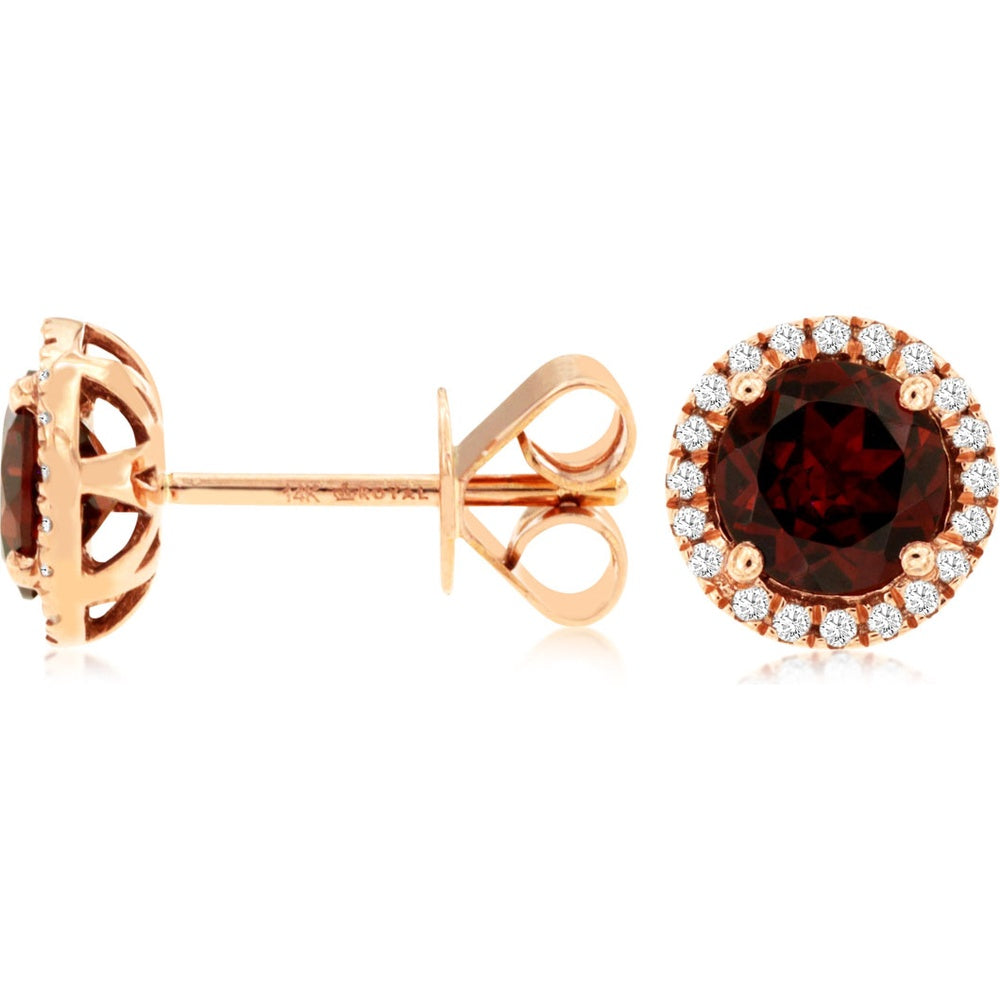 14K Rose Gold Round Garnet Halo Stud Earrings with Diamond Accents - 1.80 Carat Total Garnet Weight and 0.15 Carat Total Diamond Weight - Royal Jewelry