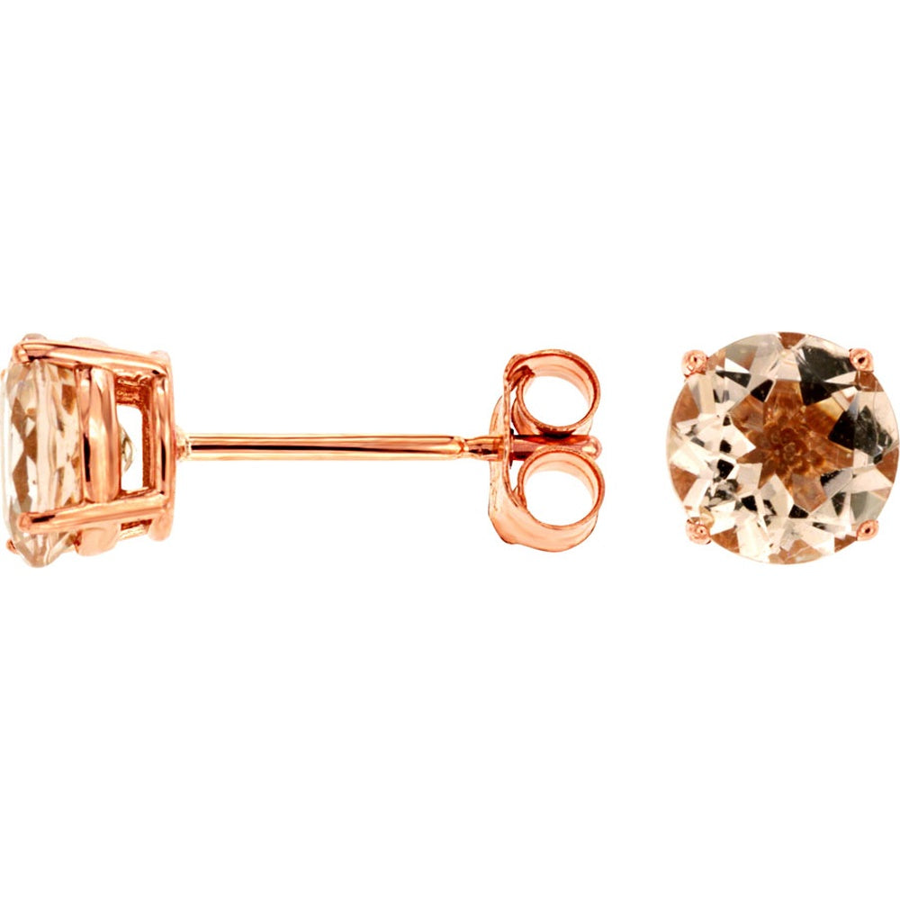 14K Rose Gold Round Morganite Stud Earrings with Friction Backs - 1.50 Carat Total Gem Weight - Royal Jewelry