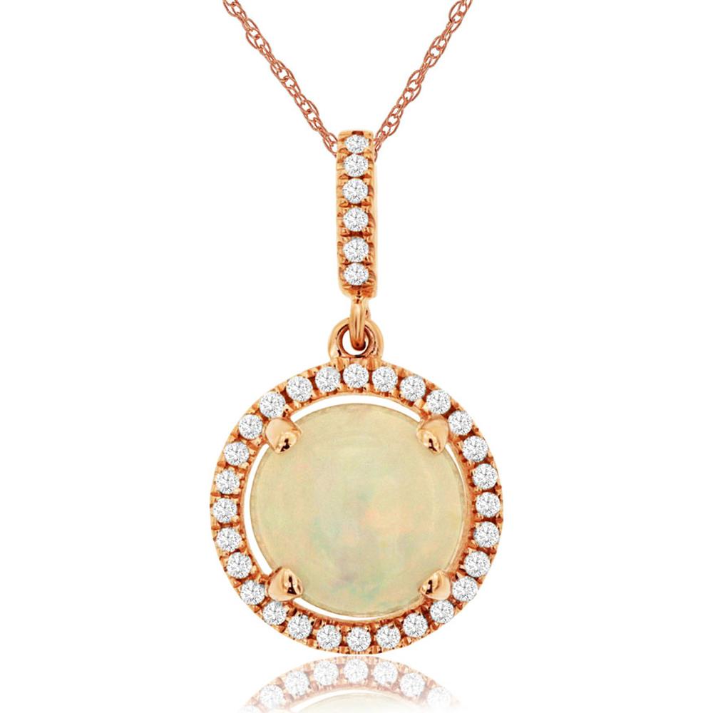 14K Rose Gold Round Opal and Diamond Halo Pendant with Milgrain Detailing - 1.20 Carat Opal, 0.13 Carat Diamond Total Weight - Royal Jewelry
