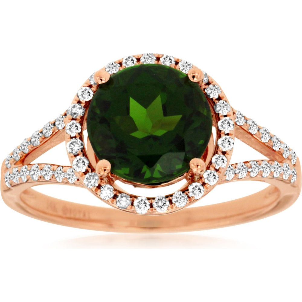 14K Rose Gold Round Russalite Ring with Diamond Halo - 2.00 Carat Russalite and 0.31 Carat Diamond Total Weight - Royal Jewelry