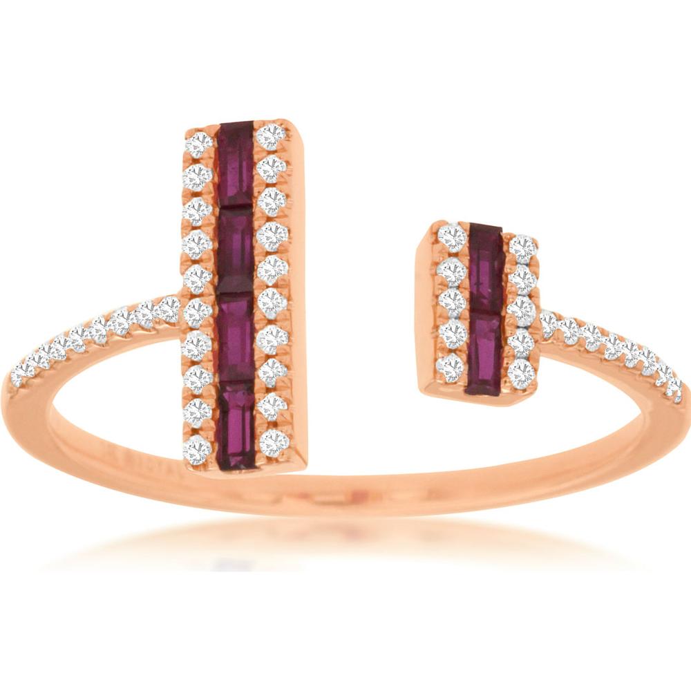 14K Rose Gold Ruby & Diamond Baguette Ring with Halo - 0.36 Carats Total Ruby Weight, 0.14 Carats Total Diamond Weight