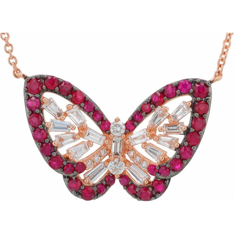 14K Rose Gold Ruby and Diamond Butterfly Necklace - 0.77 Carats Ruby, 0.45 Carats Diamond