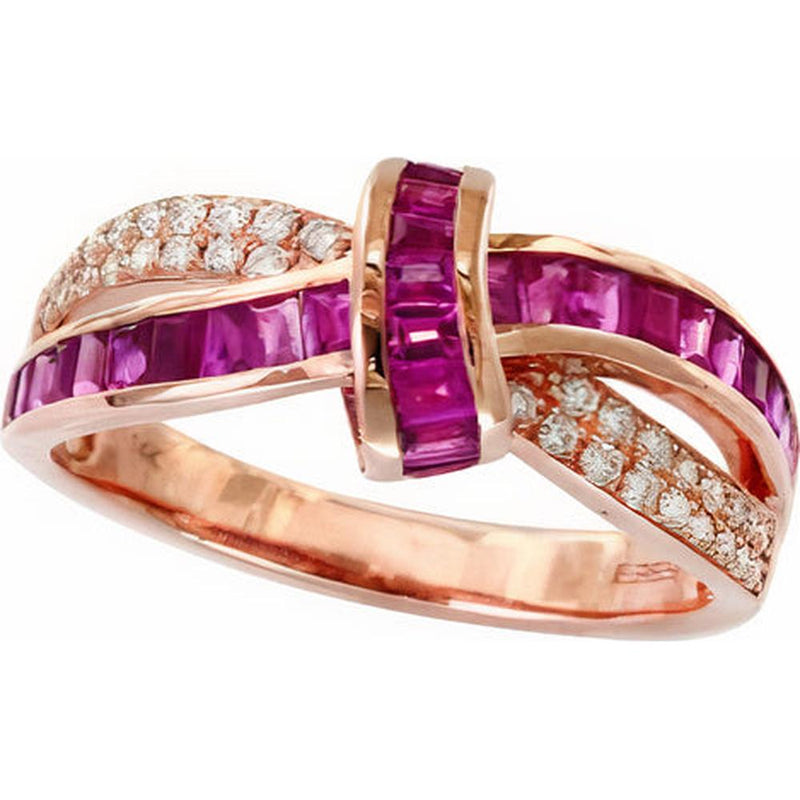 14K Rose Gold Ruby and Diamond Crossover Ring - 0.76 Carat Ruby with 0.20 Carat Diamond Accents