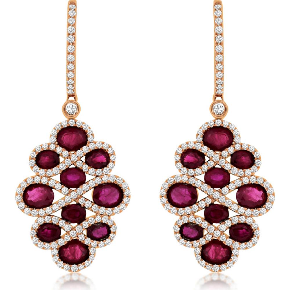14K Rose Gold Ruby and Diamond Drop Earrings with Oval Cut Rubies and Pave Diamond Halos - 4.80 Carat Total Ruby Weight, 1.30 Carat Total Diamond Weight - Royal Jewelry