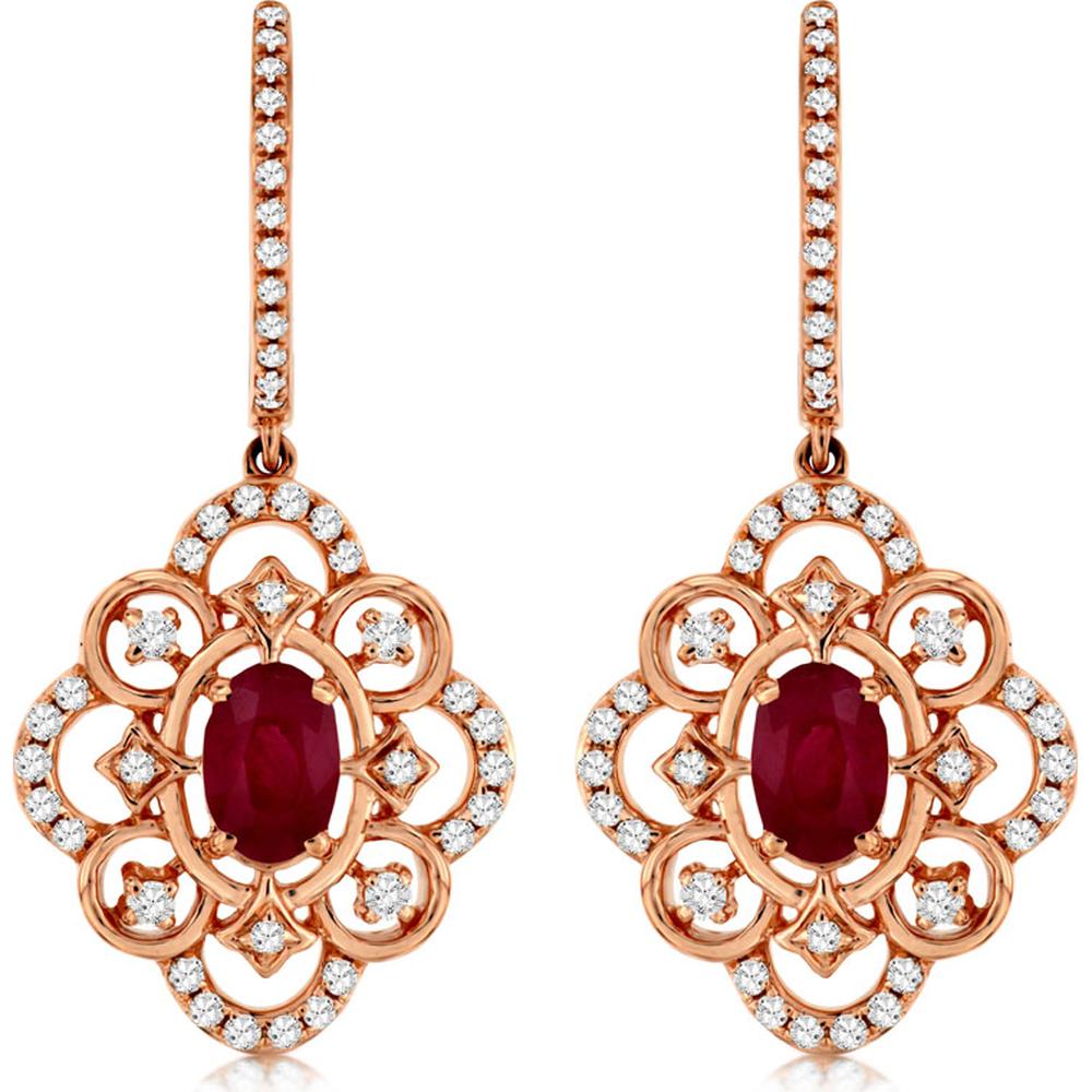 14K Rose Gold Ruby & Diamond Drop Earrings with Oval Rubies - 1.25 Carats Total Ruby Weight, 0.90 Carats Total Diamond Weight