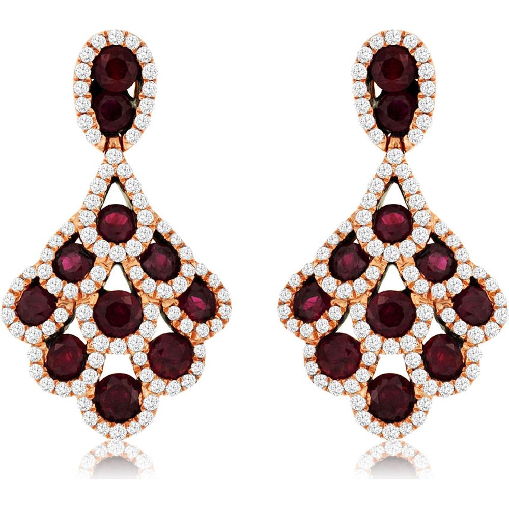 14K Rose Gold Ruby and Diamond Halo Drop Earrings - 2.40 Carat Total Ruby Weight and 0.90 Carat Total Diamond Weight - Royal Jewelry
