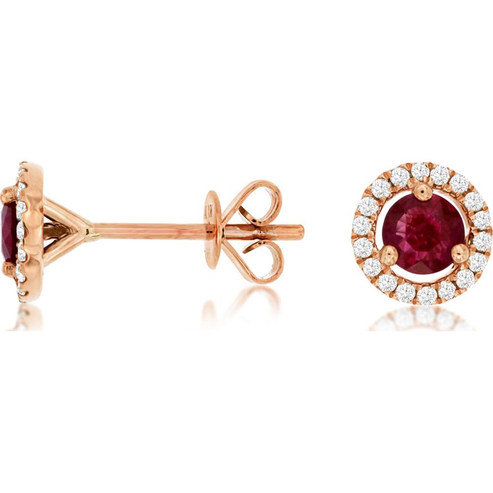 14K Rose Gold Ruby & Diamond Halo Earrings - 0.80 Carats Total Ruby Weight, 0.14 Carats Total Diamond Weight
