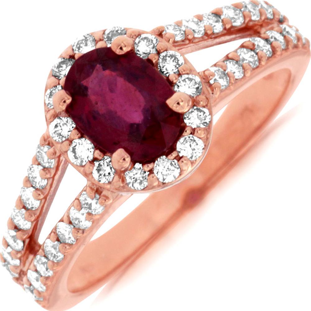 14K Rose Gold Ruby & Diamond Halo Ring - 0.90 Carats Ruby, 0.65 Carats Total Diamond Weight